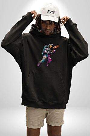 Pizza Servisi Uzay Kurye  Kadın Erkek  Siyah Kapüşonlu Sweatshirt Hoodie