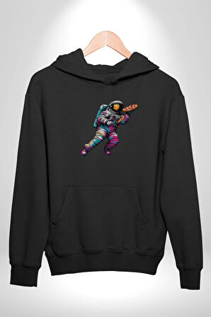 Pizza Servisi Uzay Kurye  Kadın Erkek  Siyah Kapüşonlu Sweatshirt Hoodie