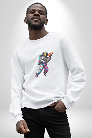 Pizza Servisi Uzay Kurye  Kadın Erkek  Beyaz Baskılı Sweatshirt 
