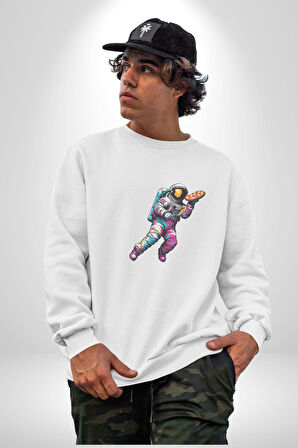 Pizza Servisi Uzay Kurye  Kadın Erkek  Beyaz Baskılı Sweatshirt 