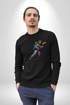 Pizza Servisi Uzay Kurye  Kadın Erkek  Siyah Baskılı Sweatshirt 