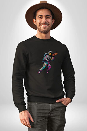 Pizza Servisi Uzay Kurye  Kadın Erkek  Siyah Baskılı Sweatshirt 