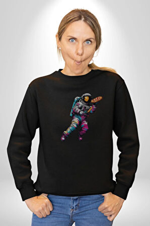 Pizza Servisi Uzay Kurye  Kadın Erkek  Siyah Baskılı Sweatshirt 