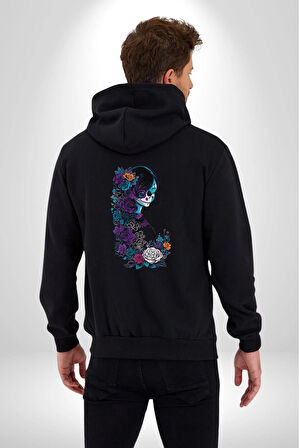 Cadılar Siyah Güller  Kadın Erkek Siyah Renk Kapüşonlu Kanguru Cepli  Fermuarlı Pamuklu Oversize Dijital Baskılı Hırka Sweatshirt