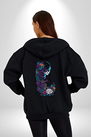 Cadılar Siyah Güller  Kadın Erkek Siyah Renk Kapüşonlu Kanguru Cepli  Fermuarlı Pamuklu Oversize Dijital Baskılı Hırka Sweatshirt