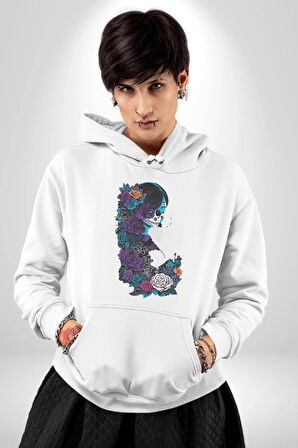 Cadılar Siyah Güller  Kadın Erkek  Beyaz Kapüşonlu Sweatshirt Hoodie