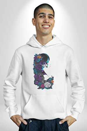 Cadılar Siyah Güller  Kadın Erkek  Beyaz Kapüşonlu Sweatshirt Hoodie