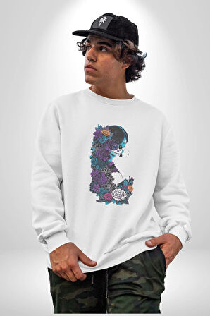 Cadılar Siyah Güller  Kadın Erkek  Beyaz Baskılı Sweatshirt 