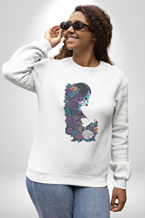Cadılar Siyah Güller  Kadın Erkek  Beyaz Baskılı Sweatshirt 