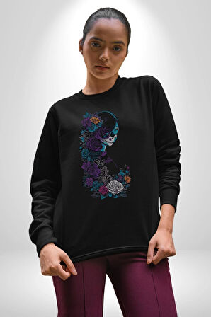 Cadılar Siyah Güller  Kadın Erkek  Siyah Baskılı Sweatshirt 