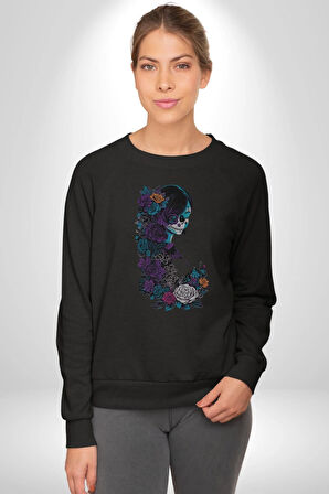 Cadılar Siyah Güller  Kadın Erkek  Siyah Baskılı Sweatshirt 