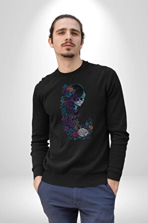 Cadılar Siyah Güller  Kadın Erkek  Siyah Baskılı Sweatshirt 
