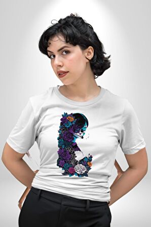Cadılar Siyah Güller  Kadın Erkek Unisex Beyaz Organik Baskılı T-Shirt Penye Yüksek Kalite