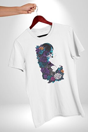 Cadılar Siyah Güller  Kadın Erkek Unisex Beyaz Organik Baskılı T-Shirt Penye Yüksek Kalite