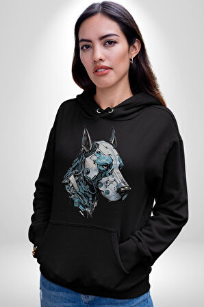 Robot Cyborg Köpek Doberman  Kadın Erkek  Siyah Kapüşonlu Sweatshirt Hoodie