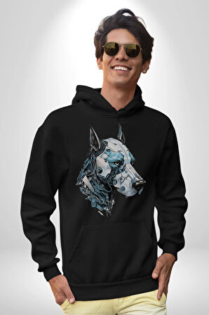 Robot Cyborg Köpek Doberman  Kadın Erkek  Siyah Kapüşonlu Sweatshirt Hoodie