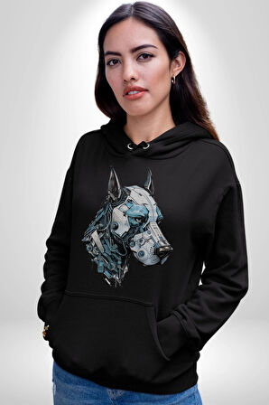 Robot Cyborg Köpek Doberman  Kadın Erkek  Siyah Kapüşonlu Sweatshirt Hoodie