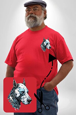 Robot Cyborg Köpek Doberman  Kırmızı Büyük Beden Kadın Basic Minimal Baskılı Tişört