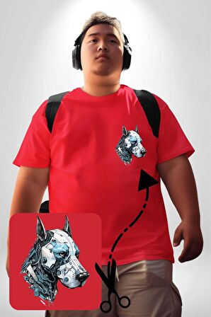 Robot Cyborg Köpek Doberman  Kırmızı Büyük Beden Kadın Basic Minimal Baskılı Tişört
