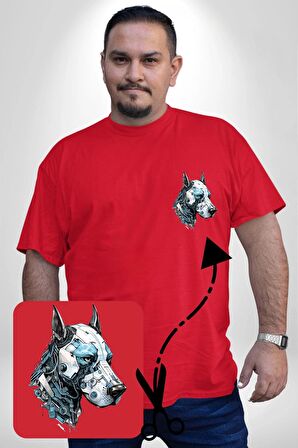 Robot Cyborg Köpek Doberman  Kırmızı Büyük Beden Kadın Basic Minimal Baskılı Tişört
