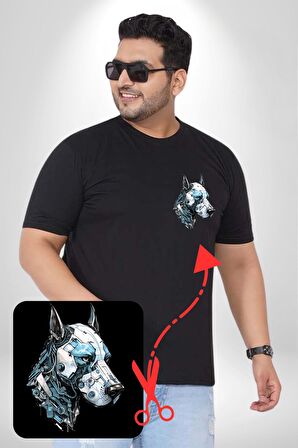 Robot Cyborg Köpek Doberman  Siyah Büyük Beden Kadın Basic Minimal Baskılı Tişört