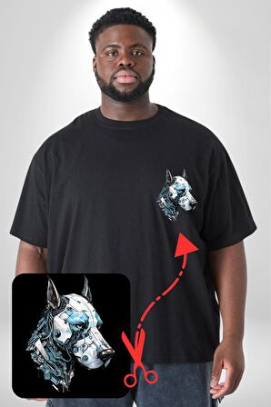 Robot Cyborg Köpek Doberman  Siyah Büyük Beden Kadın Basic Minimal Baskılı Tişört