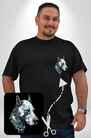 Robot Cyborg Köpek Doberman  Siyah Büyük Beden Kadın Basic Minimal Baskılı Tişört