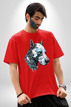 Robot Cyborg Köpek Doberman  Pamuklu Bisiklet Yaka Kadın Erkek Oversize Boyfriend Dijital Baskılı Kırmızı T-Shirt
