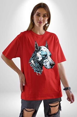 Robot Cyborg Köpek Doberman  Pamuklu Bisiklet Yaka Kadın Erkek Oversize Boyfriend Dijital Baskılı Kırmızı T-Shirt