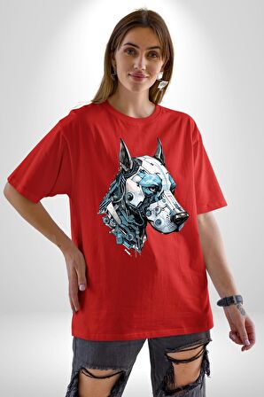 Robot Cyborg Köpek Doberman  Pamuklu Bisiklet Yaka Kadın Erkek Oversize Boyfriend Dijital Baskılı Kırmızı T-Shirt