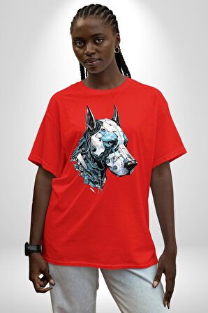 Robot Cyborg Köpek Doberman  Pamuklu Bisiklet Yaka Kadın Erkek Oversize Boyfriend Dijital Baskılı Kırmızı T-Shirt