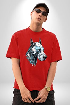 Robot Cyborg Köpek Doberman  Pamuklu Bisiklet Yaka Kadın Erkek Oversize Boyfriend Dijital Baskılı Kırmızı T-Shirt