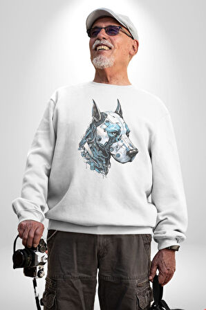 Robot Cyborg Köpek Doberman  Kadın Erkek  Beyaz Baskılı Sweatshirt 