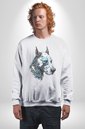 Robot Cyborg Köpek Doberman  Kadın Erkek  Beyaz Baskılı Sweatshirt 