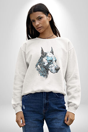 Robot Cyborg Köpek Doberman  Kadın Erkek  Beyaz Baskılı Sweatshirt 