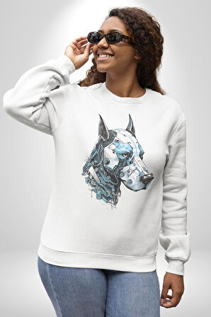 Robot Cyborg Köpek Doberman  Kadın Erkek  Beyaz Baskılı Sweatshirt 