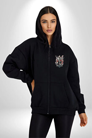 Gitar Kafatası Güller Doğa Uyumu Kadın Erkek Siyah Renk Kapüşonlu Kanguru Cepli  Fermuarlı Pamuklu Oversize Dijital Baskılı Hırka Sweatshirt