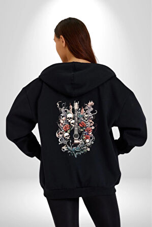 Gitar Kafatası Güller Doğa Uyumu Kadın Erkek Siyah Renk Kapüşonlu Kanguru Cepli  Fermuarlı Pamuklu Oversize Dijital Baskılı Hırka Sweatshirt