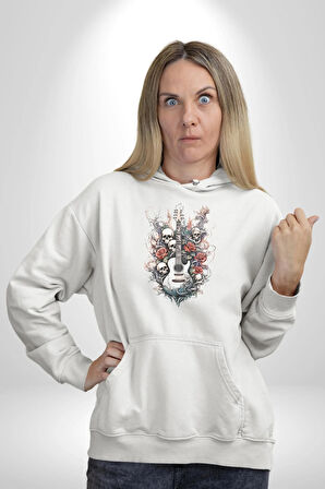 Gitar Kafatası Güller Doğa Uyumu Kadın Erkek  Beyaz Kapüşonlu Sweatshirt Hoodie
