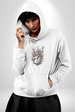 Gitar Kafatası Güller Doğa Uyumu Kadın Erkek  Beyaz Kapüşonlu Sweatshirt Hoodie