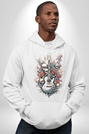 Gitar Kafatası Güller Doğa Uyumu Kadın Erkek  Beyaz Kapüşonlu Sweatshirt Hoodie