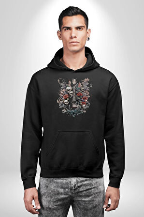 Gitar Kafatası Güller Doğa Uyumu Kadın Erkek  Siyah Kapüşonlu Sweatshirt Hoodie