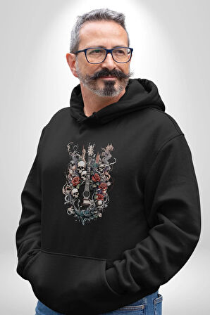 Gitar Kafatası Güller Doğa Uyumu Kadın Erkek  Siyah Kapüşonlu Sweatshirt Hoodie