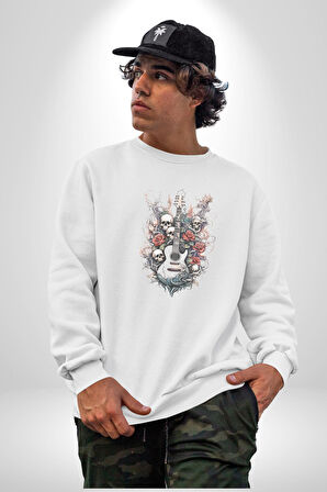 Gitar Kafatası Güller Doğa Uyumu Kadın Erkek  Beyaz Baskılı Sweatshirt 