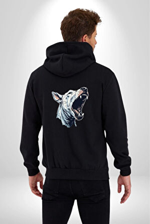 Bull Terier Köpek Havlama  Kadın Erkek Siyah Renk Kapüşonlu Kanguru Cepli  Fermuarlı Pamuklu Oversize Dijital Baskılı Hırka Sweatshirt