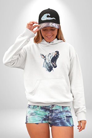 Bull Terier Köpek Havlama  Kadın Erkek  Beyaz Kapüşonlu Sweatshirt Hoodie
