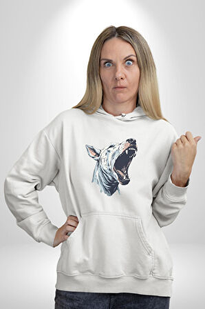 Bull Terier Köpek Havlama  Kadın Erkek  Beyaz Kapüşonlu Sweatshirt Hoodie