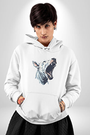 Bull Terier Köpek Havlama  Kadın Erkek  Beyaz Kapüşonlu Sweatshirt Hoodie