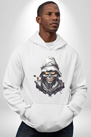 Kasaba Kurukafa Ninja  Kadın Erkek  Beyaz Kapüşonlu Sweatshirt Hoodie