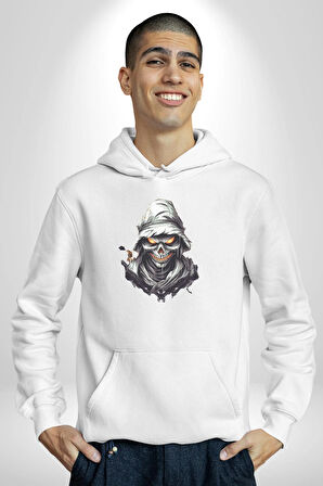 Kasaba Kurukafa Ninja  Kadın Erkek  Beyaz Kapüşonlu Sweatshirt Hoodie